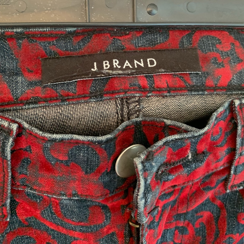 Red crushed velvet print jeans